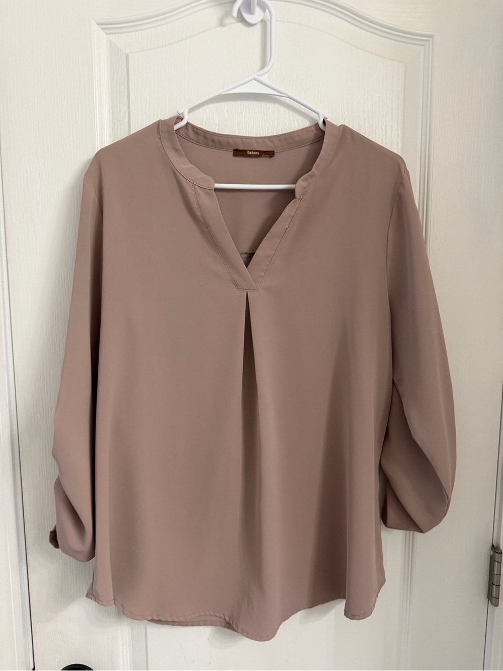 Tahari Taupe Split V-Neck Blouse